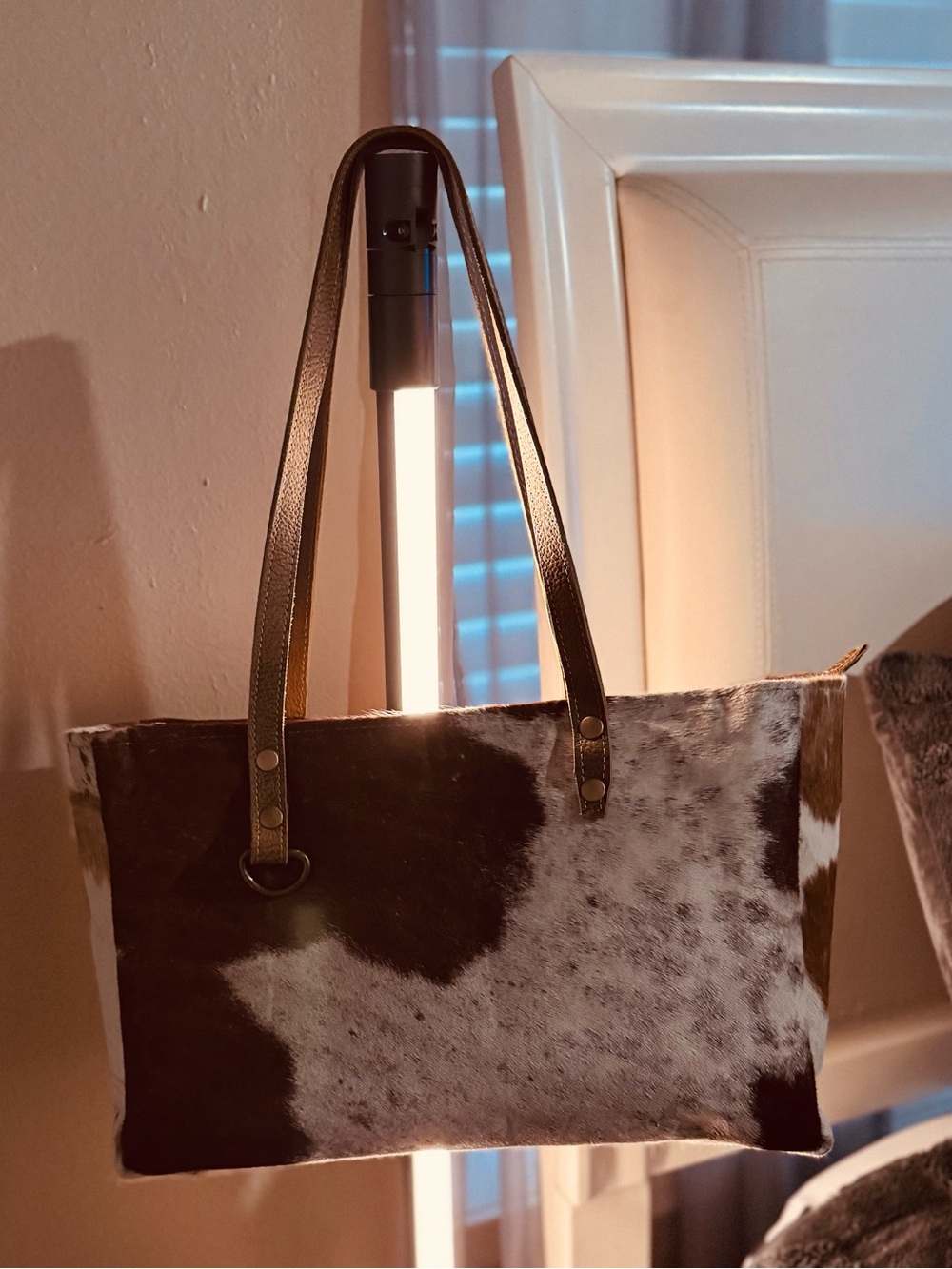 Myra Bag Brown & White Cowhide Tote with Leather Straps
